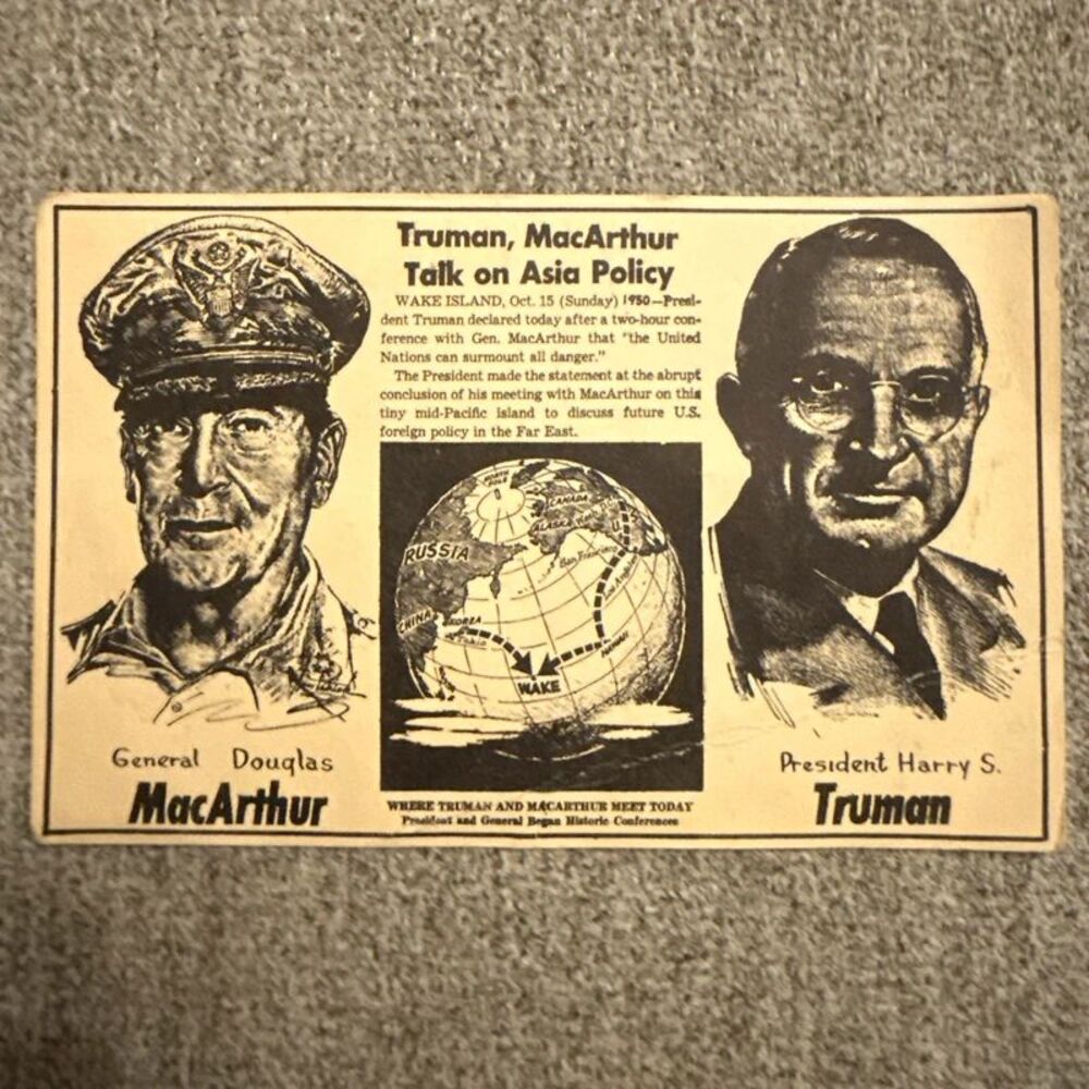 Vintage 1950 Truman MacArthur Wake Island Conference Korean War Postcard Unused